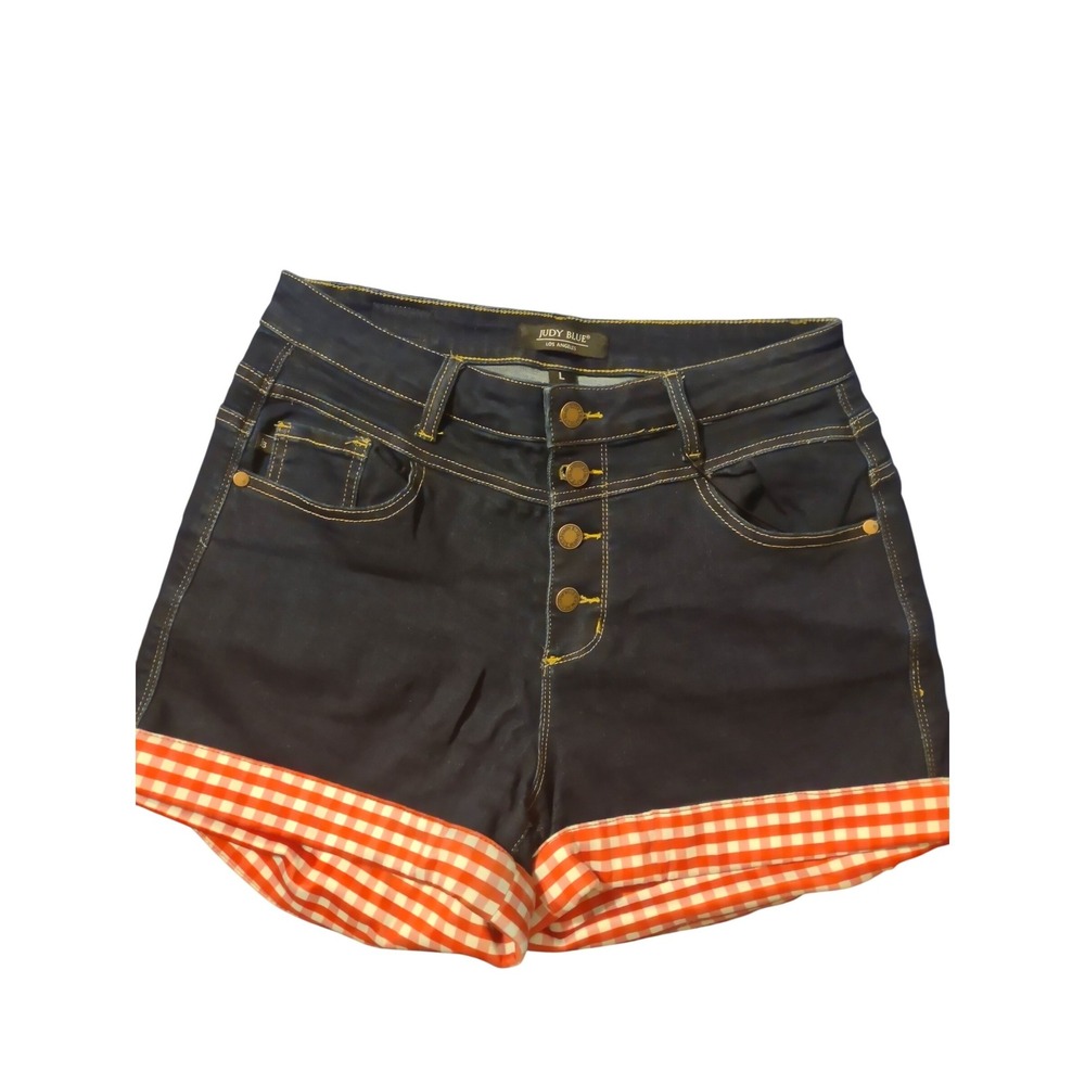 Judy Blue Dark Wash Gingham Cuffed Denim Shorts High Rise Button Fly L Picinic - Picture 2 of 7